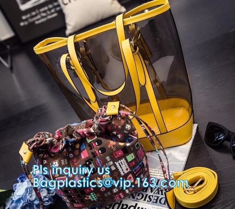Fashion woman full print pvc private label handbag manufacturer, PVC Transparent Handbag Women bag, student pack swimmin