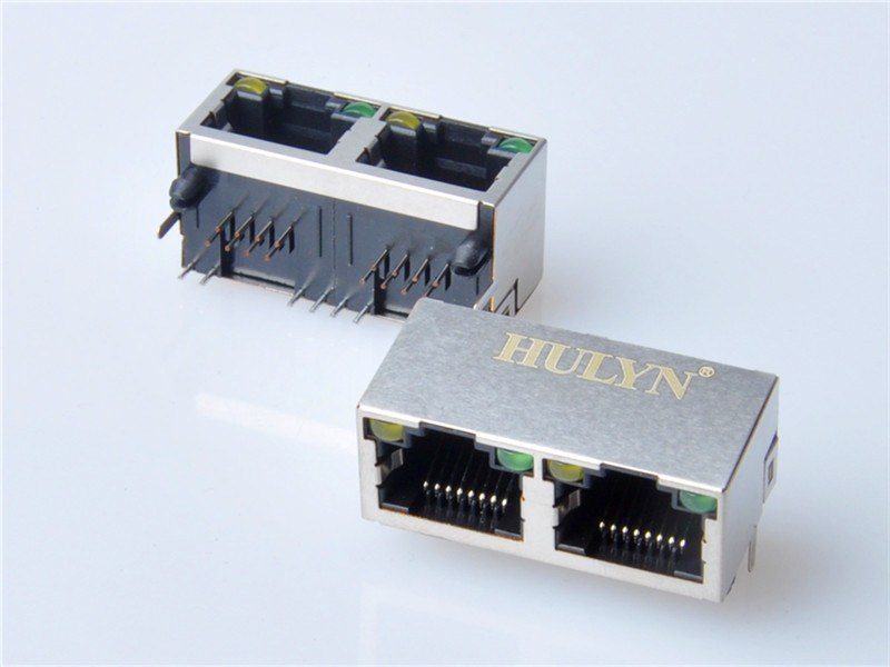 HULYN Very low profile, Shielded RJ45 Modular Jack, Through Hole Type, 1x2,with LEDs，