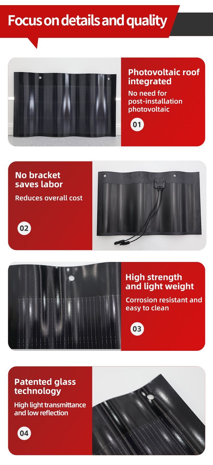 Black Red Green Colors Windproof Solar Roof Tiles 50W Curved Solar Roof Tiles Installation for BIPV Household Solar System