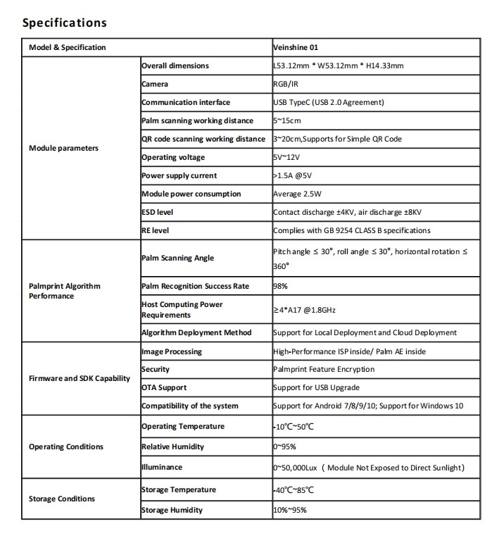 JP308 3D Structured Light Camera Module Palmprint / Palm Vein Dual-Modal incorporating a high-performance ISP and AI module