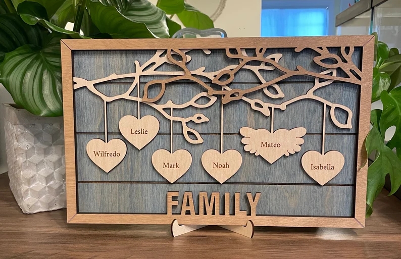 Family Tree Personalized Christmas Wooden Gift Family Names Gift Hanging Hearts