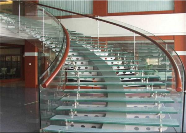 Buy cheap Rubber Wood Tread Curved Glass Staircase With Standoff Glass Railing from wholesalers