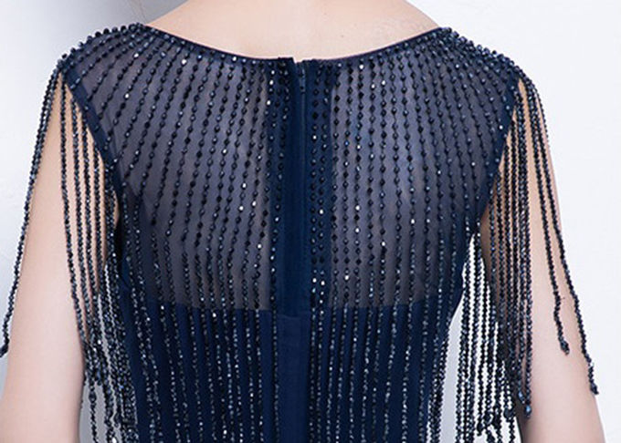 Long Tail Navy Blue Evening Gown Shoulder Beads Tassels Stretch Mermaid Shape