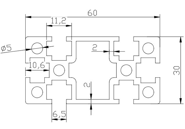 30 * 60 Anodized T Slot Aluminum Profile Good Formability With 6 Notch
