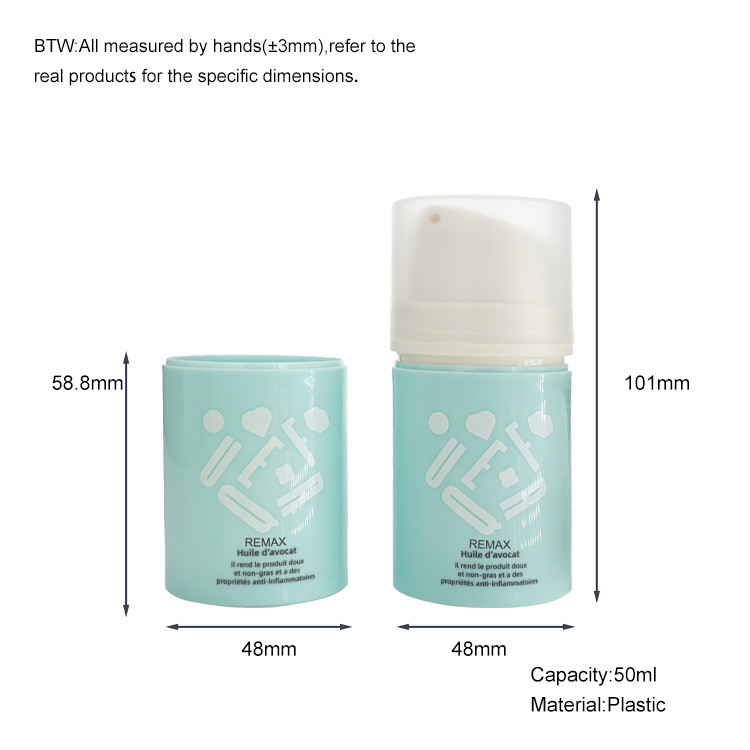 50ml Plastic vacuum blue/red cylindrical smooth with transparent lid for shampoo lotion bottle