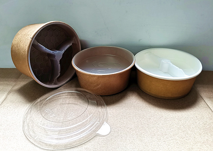 Printed Logo Salad Soup Brown Kraft Paper Bowl Disposable Belt holder With Lid