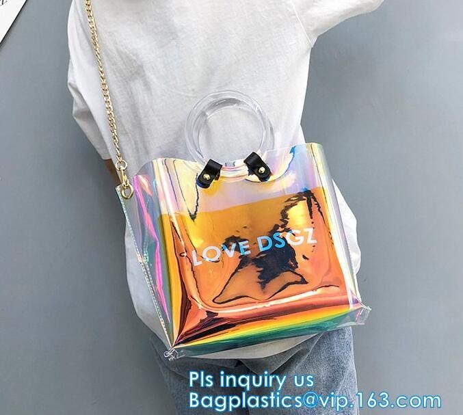 fashion women's handbag tote bag with zipper shopping bag ladies handbag shiny durable clear PVC lady bag with pouch