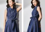 Sleeveless Bow Tie Denim Dress Ladies Eleglant Wide Hem Long Belted Skirt