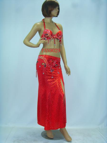 Contemporary Red Halter Neck Metallic Bras & Skirt Belly Dancing Clothes for