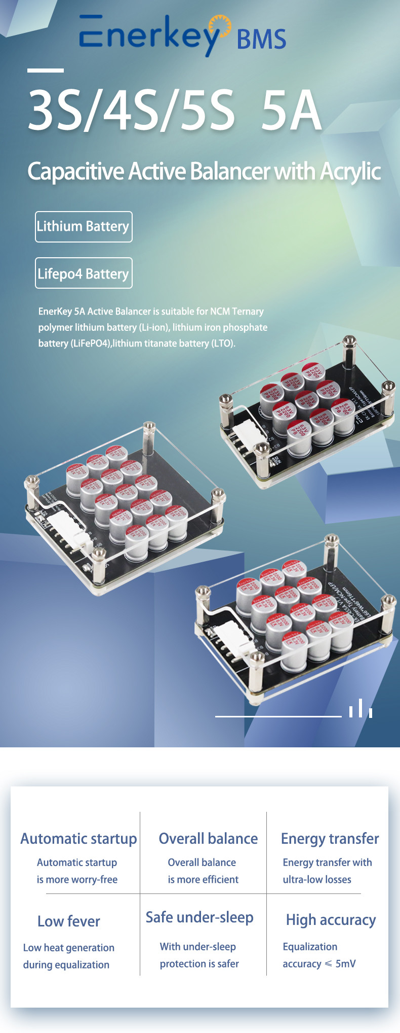 Enerkey 3S-4S 5A Battery Active Equalizer with Acrylic Plate Li-ion/Lto/Lifepo4 Battery Balancer for E-bike