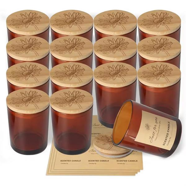 Buy cheap 6oz Amber Candle Jars With Bamboo Wooden Lids And Sticky Labels Empty Glass For Making Candles from wholesalers