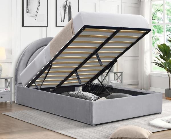 Buy cheap Detail Oriented Gas Lift Storage Bed Curved Shape Rainbow Headboard Grey Fabric from wholesalers