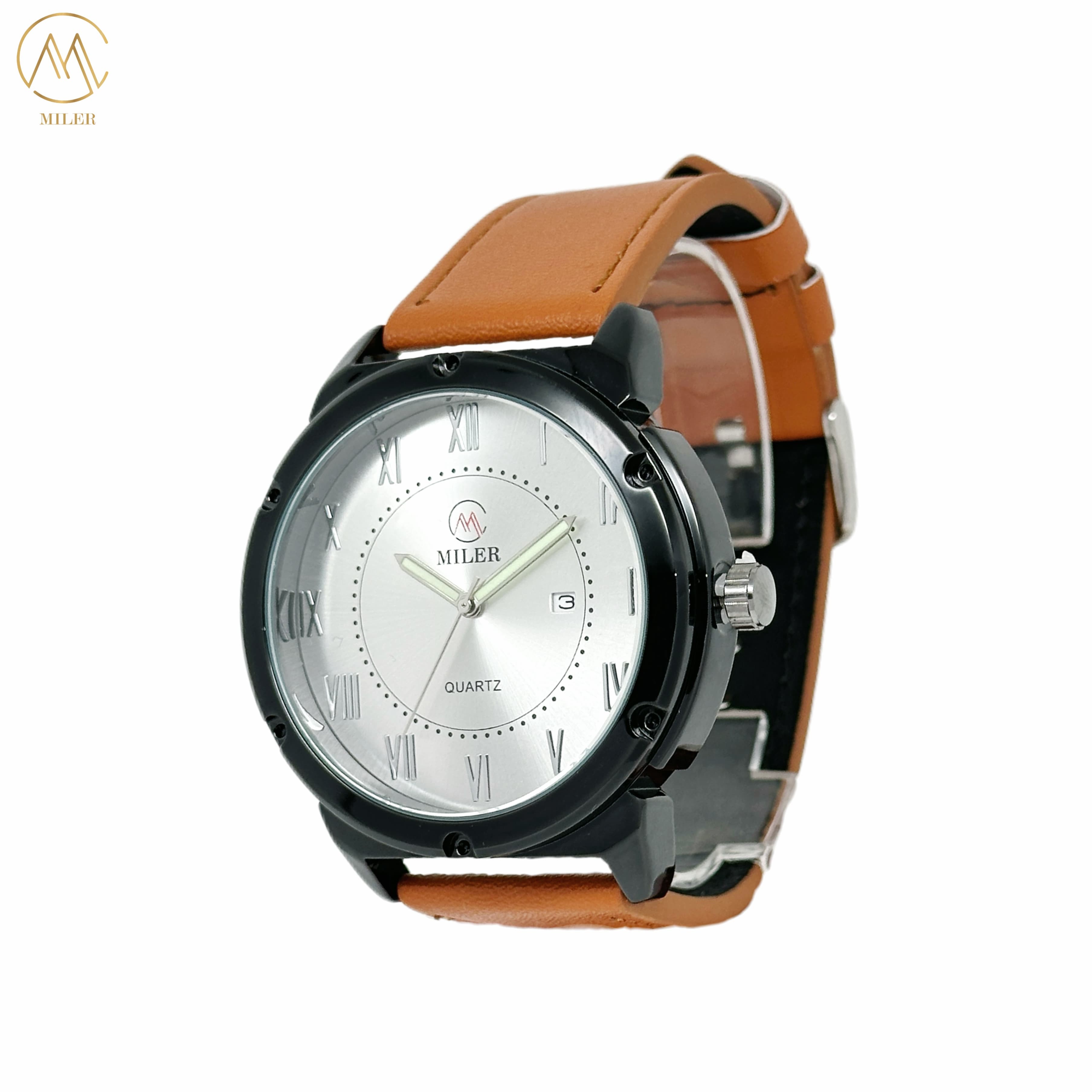 Hot Sell Alloy White Black Metal Quartz Movt Watch With Leather Strap