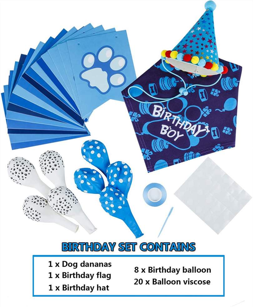 Pet Party Decoration Set Dog Bandana Hat Tie Balloons Supplies Happy Cake Topper Cloth
