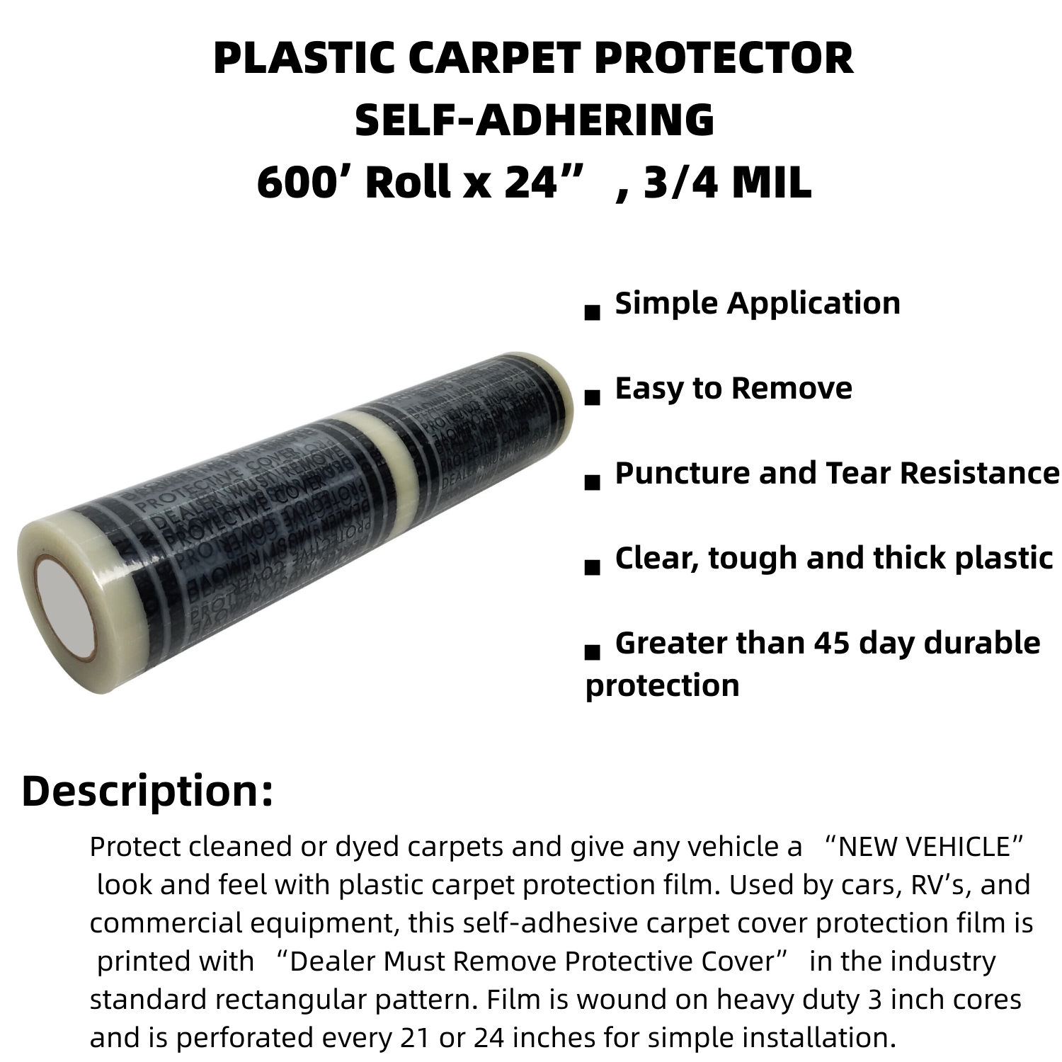 200FT 300FT 600FT Clear Adhesive CAR Carpet Film Roll With Dealer Must Remove Printing 4 Mil 24 inch or 21 inch
