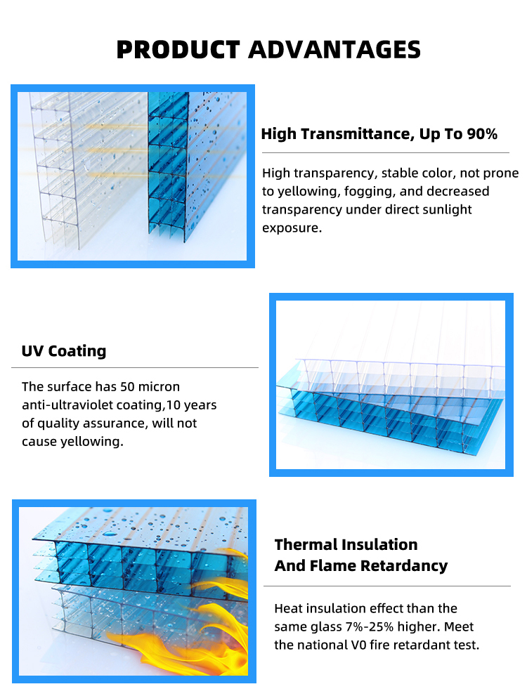 PC Material Blue Color 16mm Multiwall Layer Four Wall Polycarbonate Hollow Sheet for Carport Polycarbonate Four Wall Hollow s