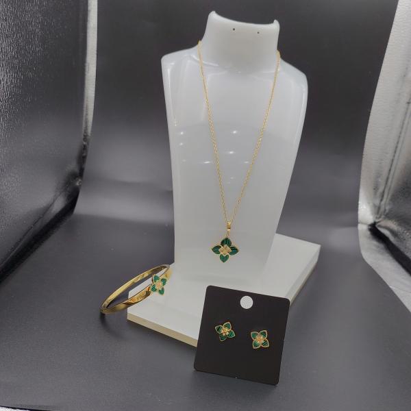 Newest Gold Color Stainless Steel Earring ,Necklace , Bracelet Sets With Green