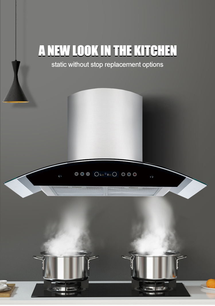 Stainless Steel Glass Arc Chimney Range Hood with Copper Motor