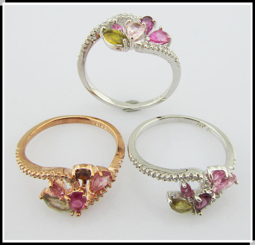 Elegant Round YG Plating Tourmaline Gemstone Rings 925 Silver Rings For Women Sterling Silver Promise Rings