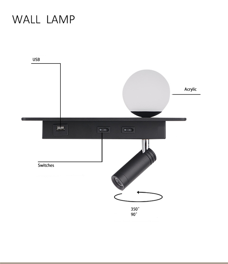 USB led reading light 3W beadboard wall lighting led bed lamp headboard acrylic ball light bedside wall lamp background