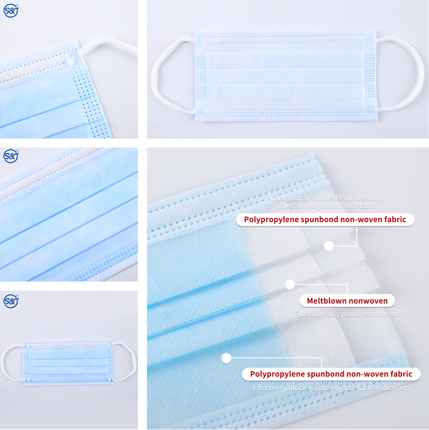 S&J Premium Non-woven Disposable 3 ply Face Mask Medical Fluid Resistant 3-layer Disposable Medical Mask