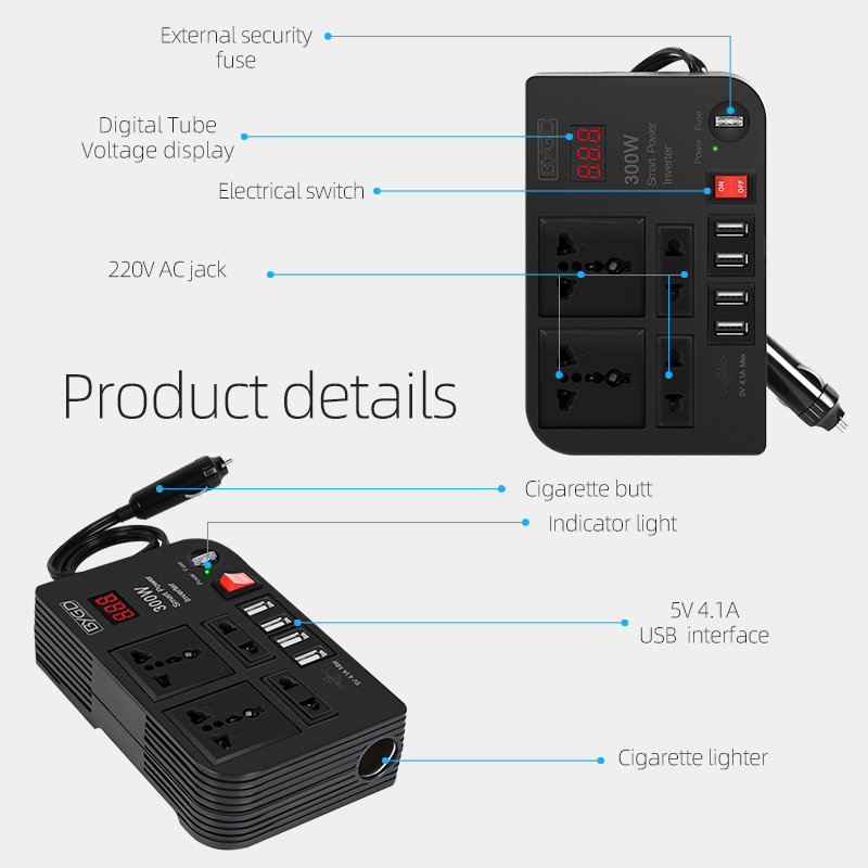 Factory Price Car Battery Inverter Digital Display Car Inverter 300W High Power Charger Modified Sine Wave Inverter Car