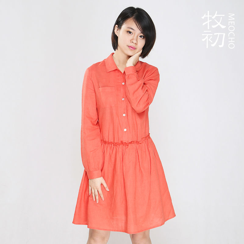2015 Ladies Short Sleeve Orange Pleats Casual Linen Dress With Shirt Collar