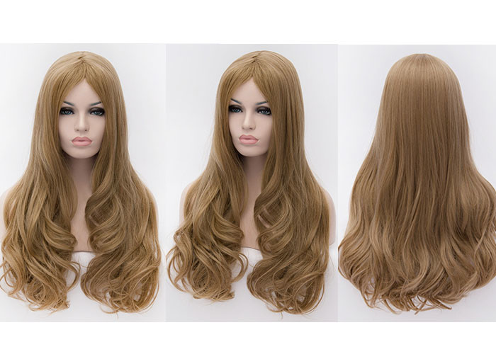 Brown No Bangs Synthetic Water Wave Long Hair Wigs For African Women