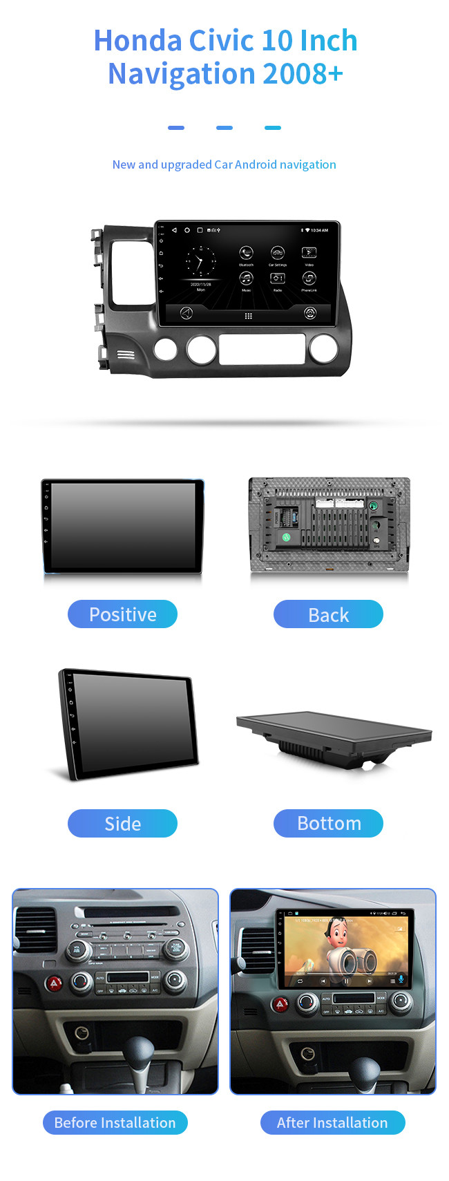 8-Core For Honda Civic 2008+ Carplay Wifi Hd Video Plays Bluetooth Car Navigation
