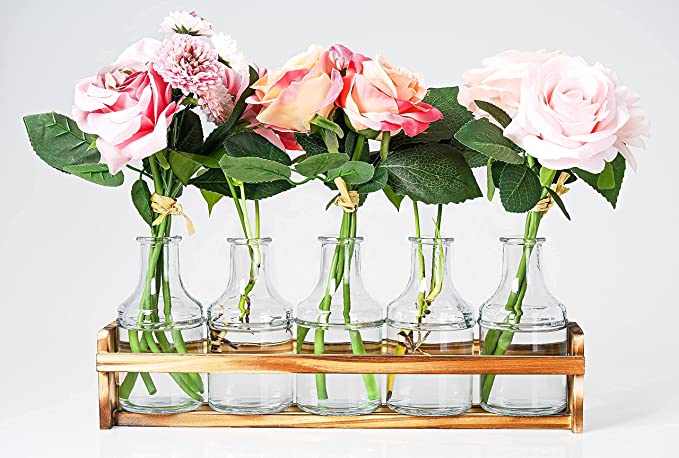 Glass Flower Vase with Wooden Holder Vases for Flowers
