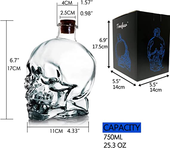 Custom Color 750 ml Lead-free Skull Glass Bottle with Cork Stopper Lead-free Material