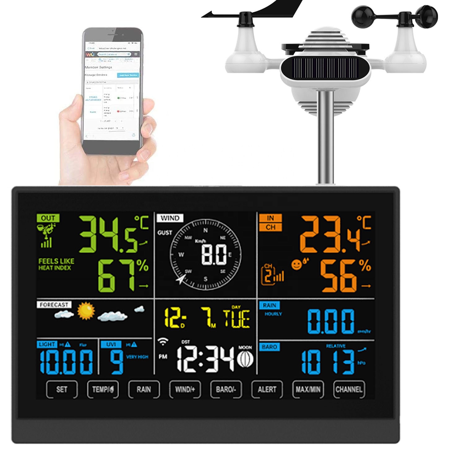 High Temperature Monitoring 7 in 1 Wifi Tuya Weather Station with UVI Light Intensity
