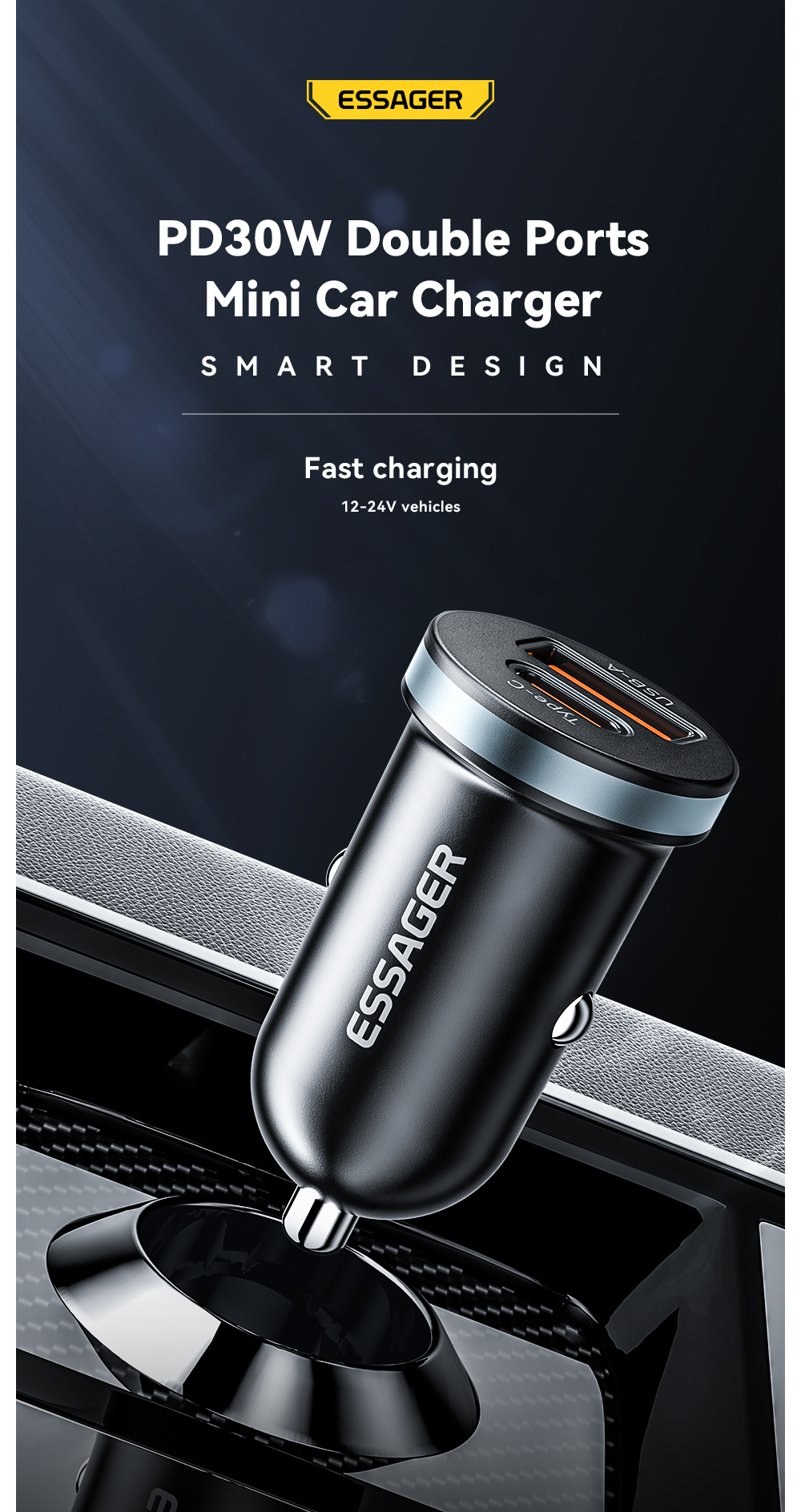 ESSAGER ES-CC12 Series 30W Type C USB A Car Charger Port