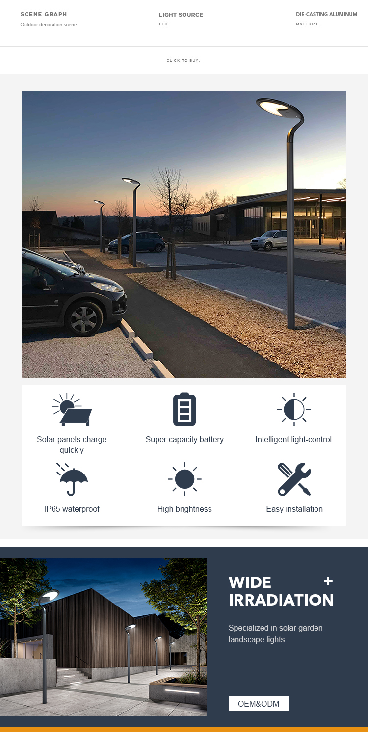 IP65 Sensor Aluminum Solar Garden Lights DC 3.2V Control Courtyards Outdoor Street Lamp