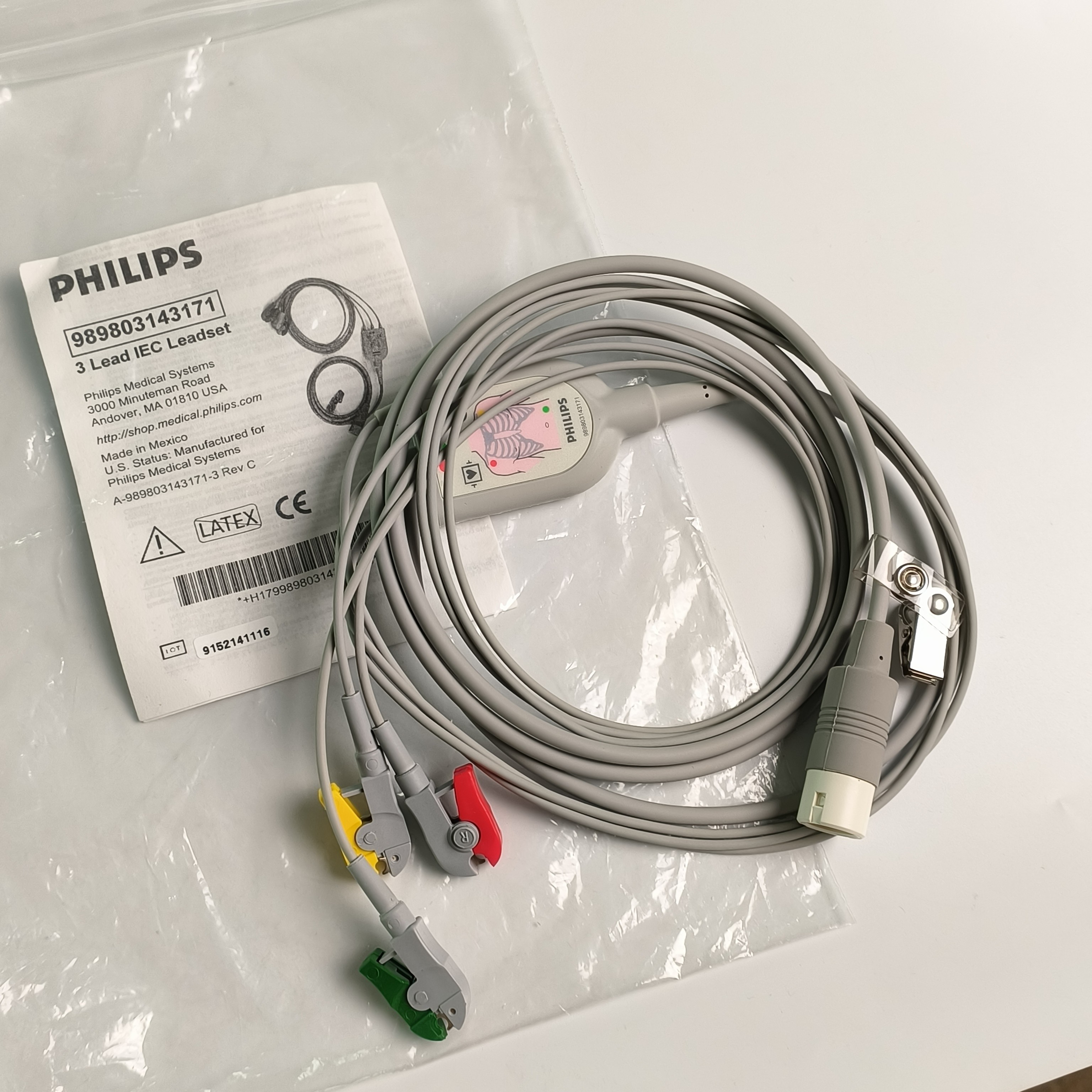 PHILIP Original 3 Lead IEC Leadset. Red, Green, Yellow，2.6 M Machine End Round 12 Needles PN:989803143171