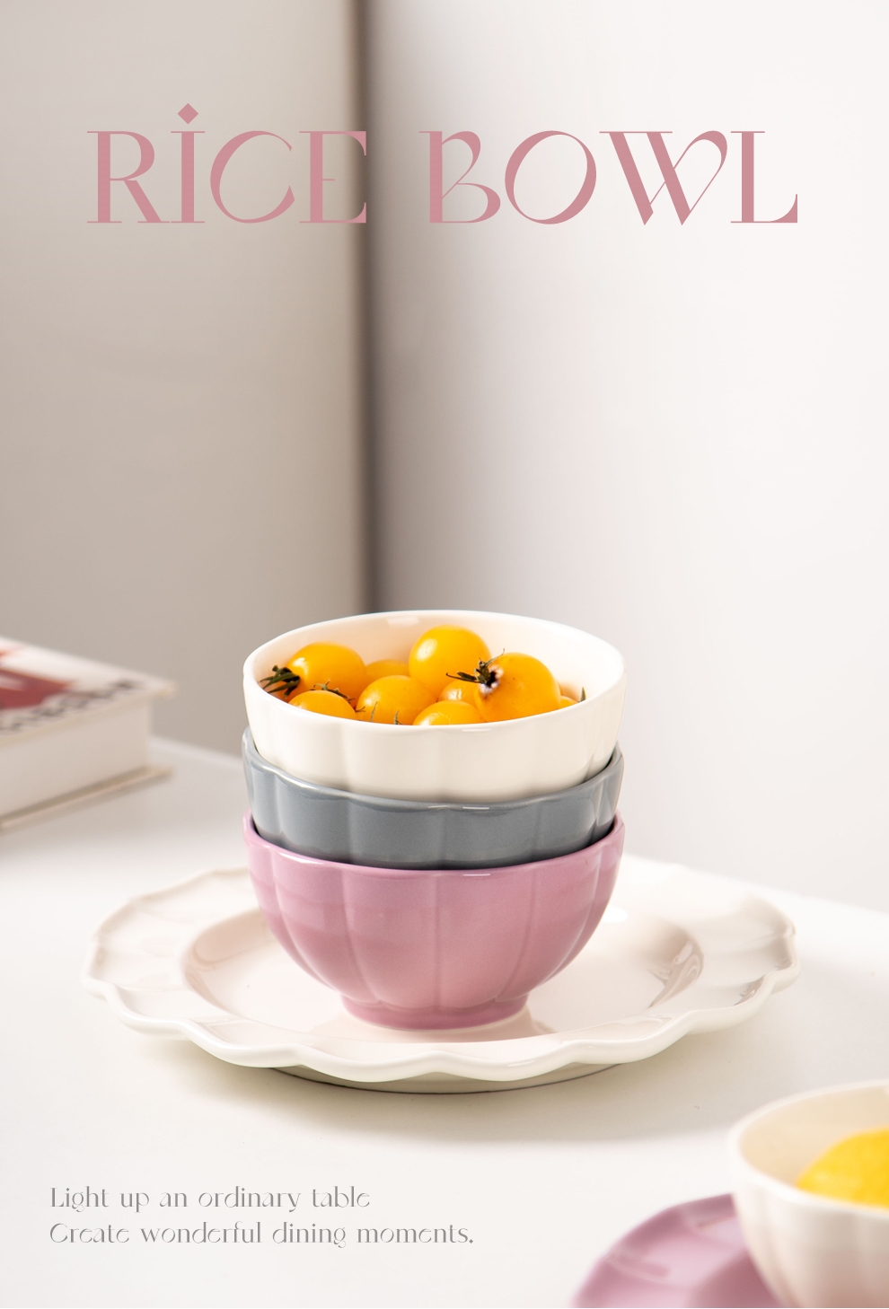 2023 Nordic Style Porcelain Rice Bowl Mini Ceramic Bowl Solid Color Pumpkin Bowl Pink White Gray