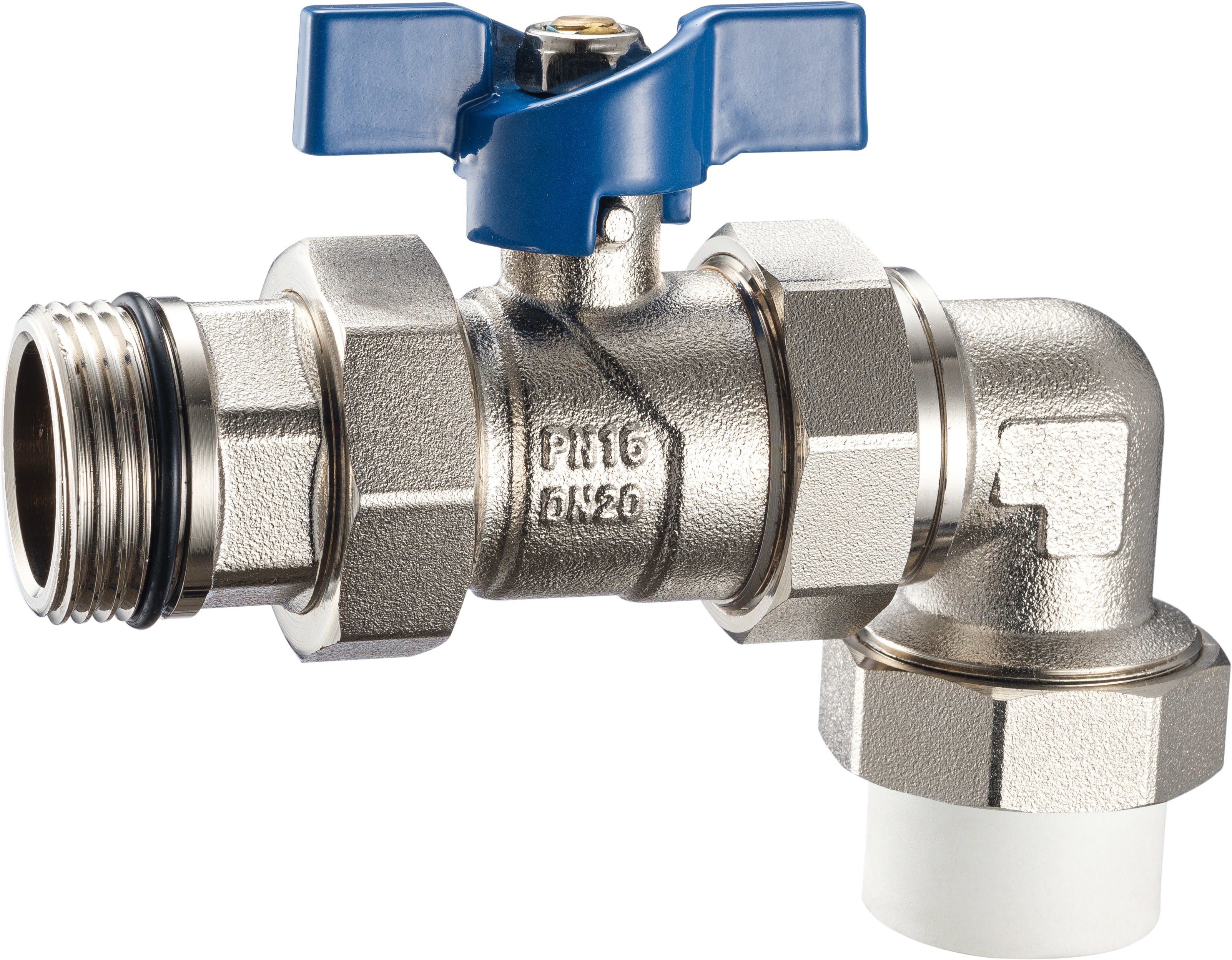3606 3608 Nickel Plated Angle Coupling Brass Ball Valve with Blue Aluminum Butterfly Handle for Plastic pipe connections