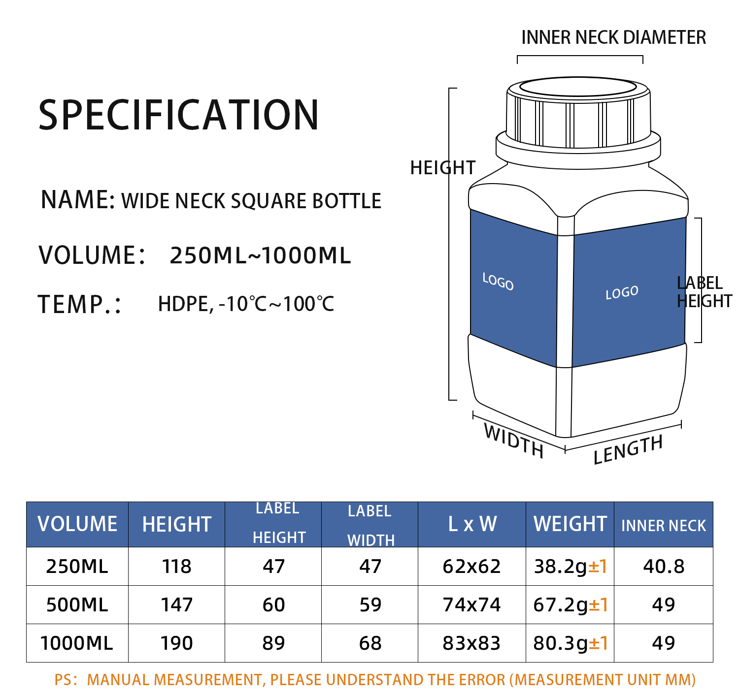 250 ML 500 ML 1000 ML Empty Wide Mouth Reagent Plastic Square Bottle With Inner Cap
