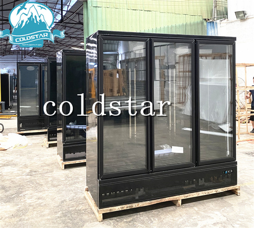 Fan Cooling 3 Glass Doors Upright Freezer ,Supermarket Automatic Defrost Refrigerator Display Showcase