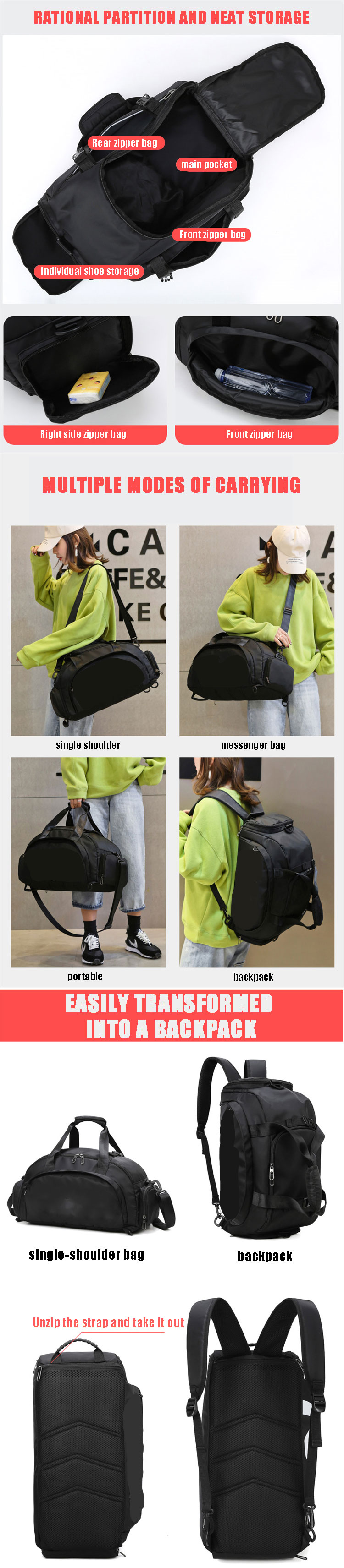 Large Capacity Waterproof Gym Duffle Bags Sports Fitness Bag With Shoes Compartment