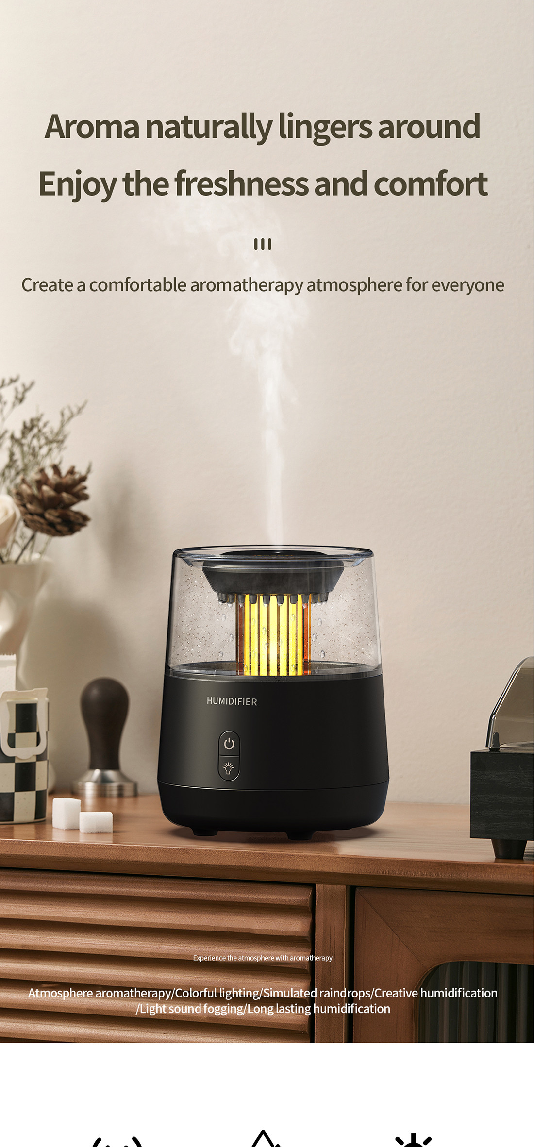 Simulation Raindrop Fire Flame Humidifier With Auto Shut Off 7 Colors Led Light