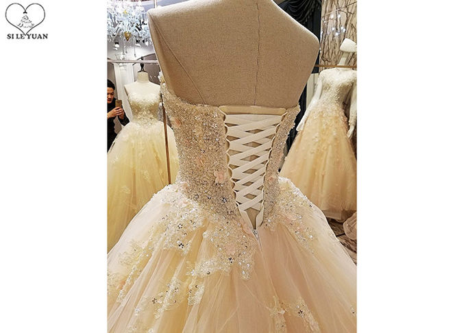 Comfortable Strapless Ladies Bridal Gown Cream Princess Long Tulle Tail