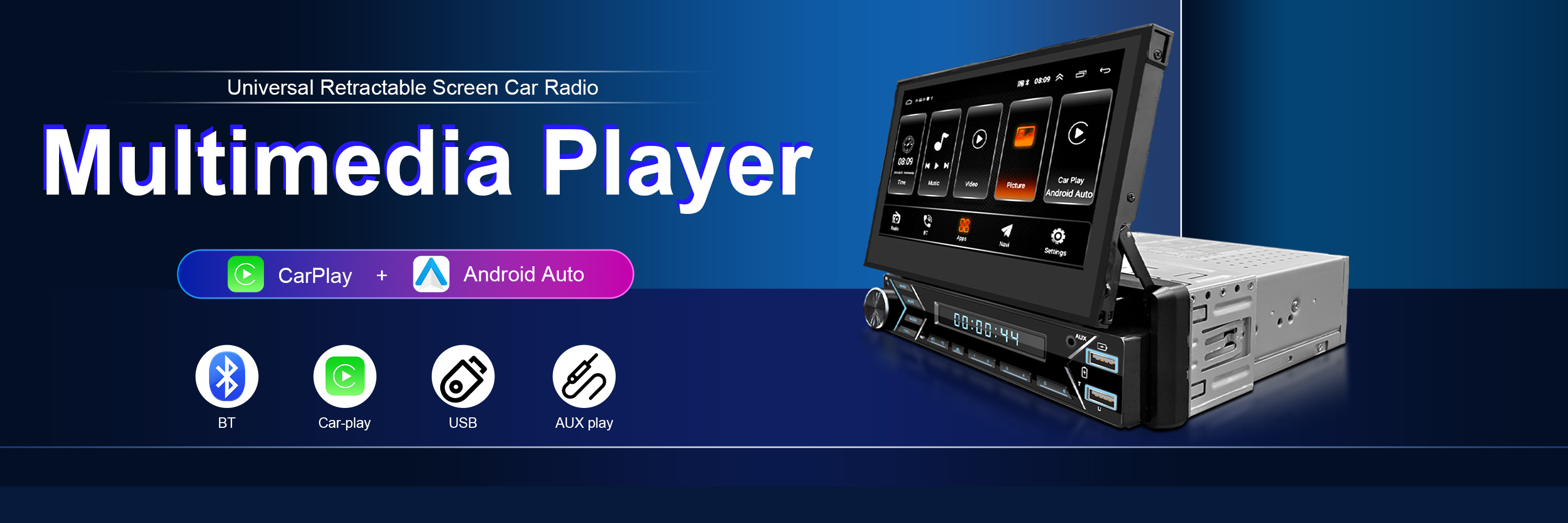 7 Inch Retractable Touch Carplay 1 DIN Car Audio Stereo Compatible Bluetooth-Enabled Built-In GPS