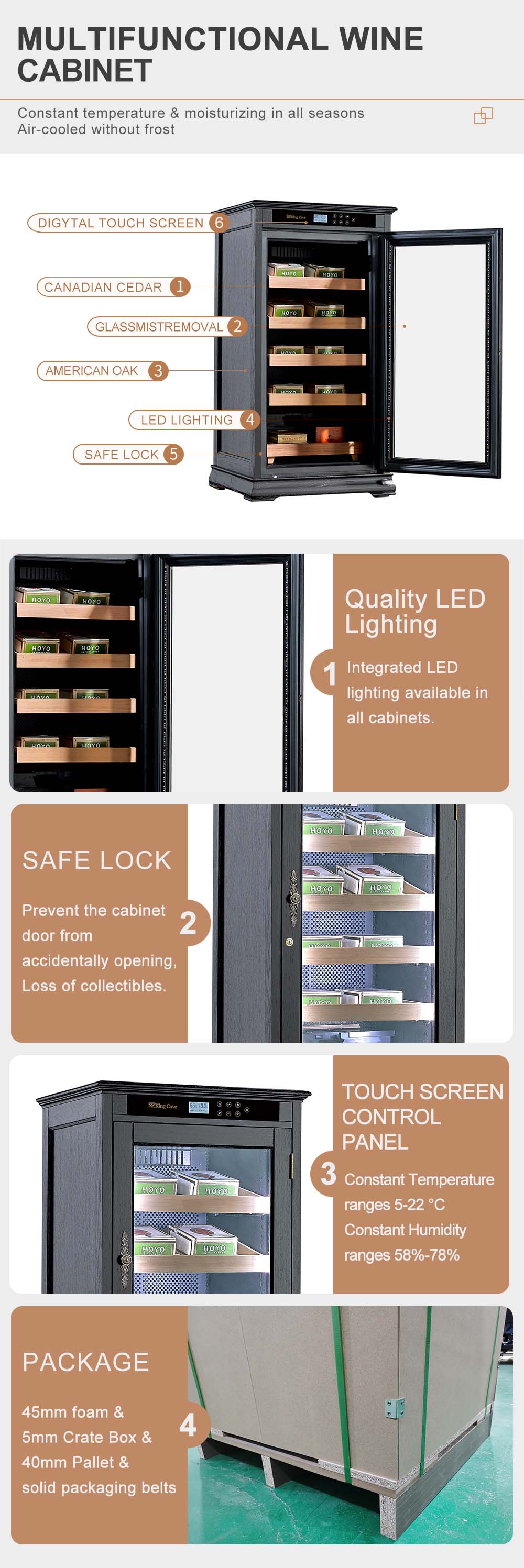 Digital Touch Screen Natural Wood Humidor Cabinet Electric Cigar Cooler 