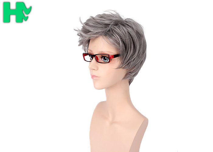 14 Inch Men Hair Wig Black Mixed Grey Kanekalon Fiber Professional