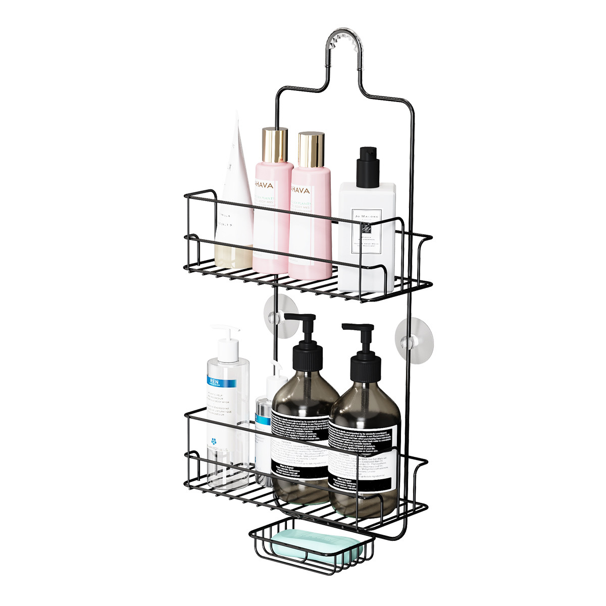 Sustainable 2 Tier Iron Wire Rack Bathroom Shelf with Hooks and Hanging Design