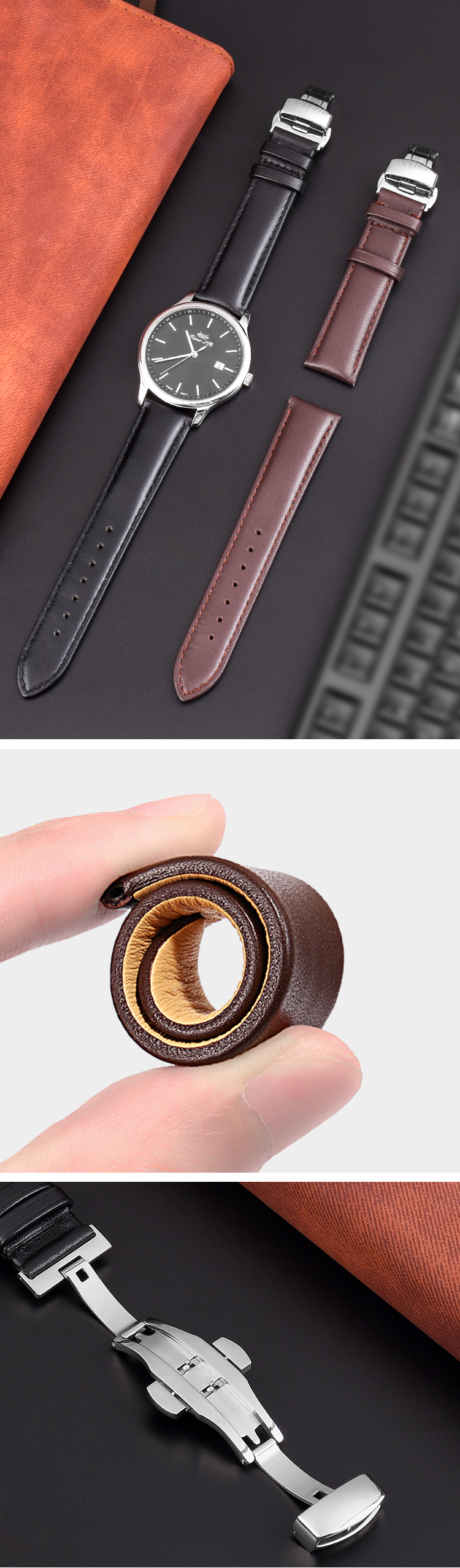2 Piece 20mm Genuine Cow Leather Watch Strap Bands