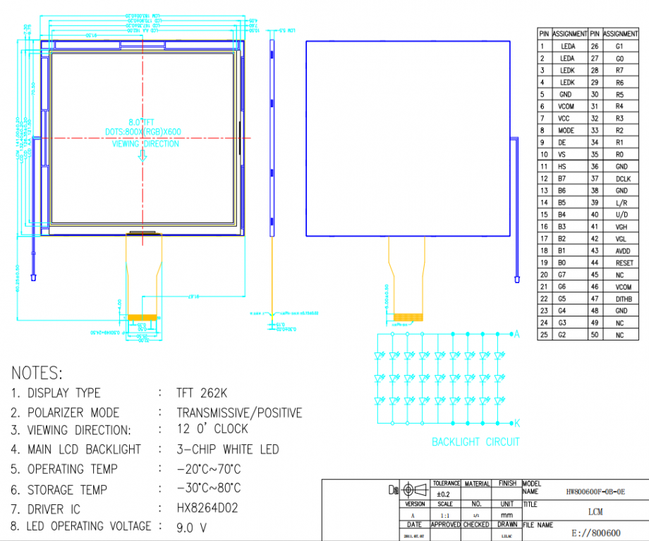 8.0 inch 800*600 50PIN RGB non-touch (TFT LCD for industrial, home appliances, toys, medical)