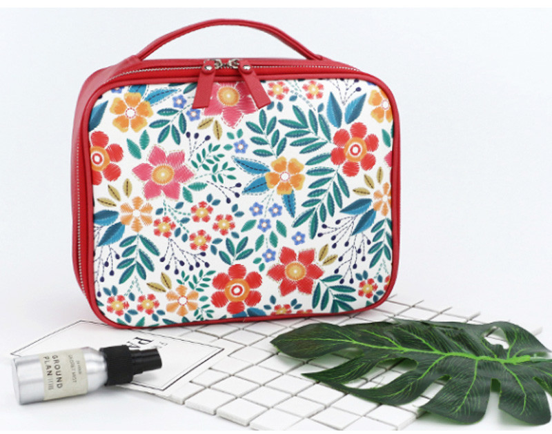 Travel Cosmetic Bag With Zipper Floral Compartment Red Portable Makeup Bag