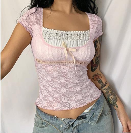 Buy cheap Small Quantity Clothing Manufacturer Women'S 95% Polyester 5% Spandex Short Sleeve Square Collar Lace Top from wholesalers